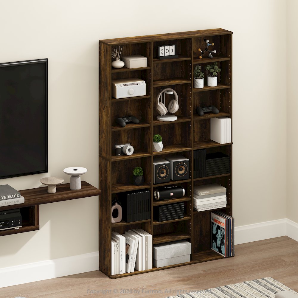 24-Shelf Multimedia Media Storage Tower Rack with Adjustable Shelves, Amber Pine. Picture 6