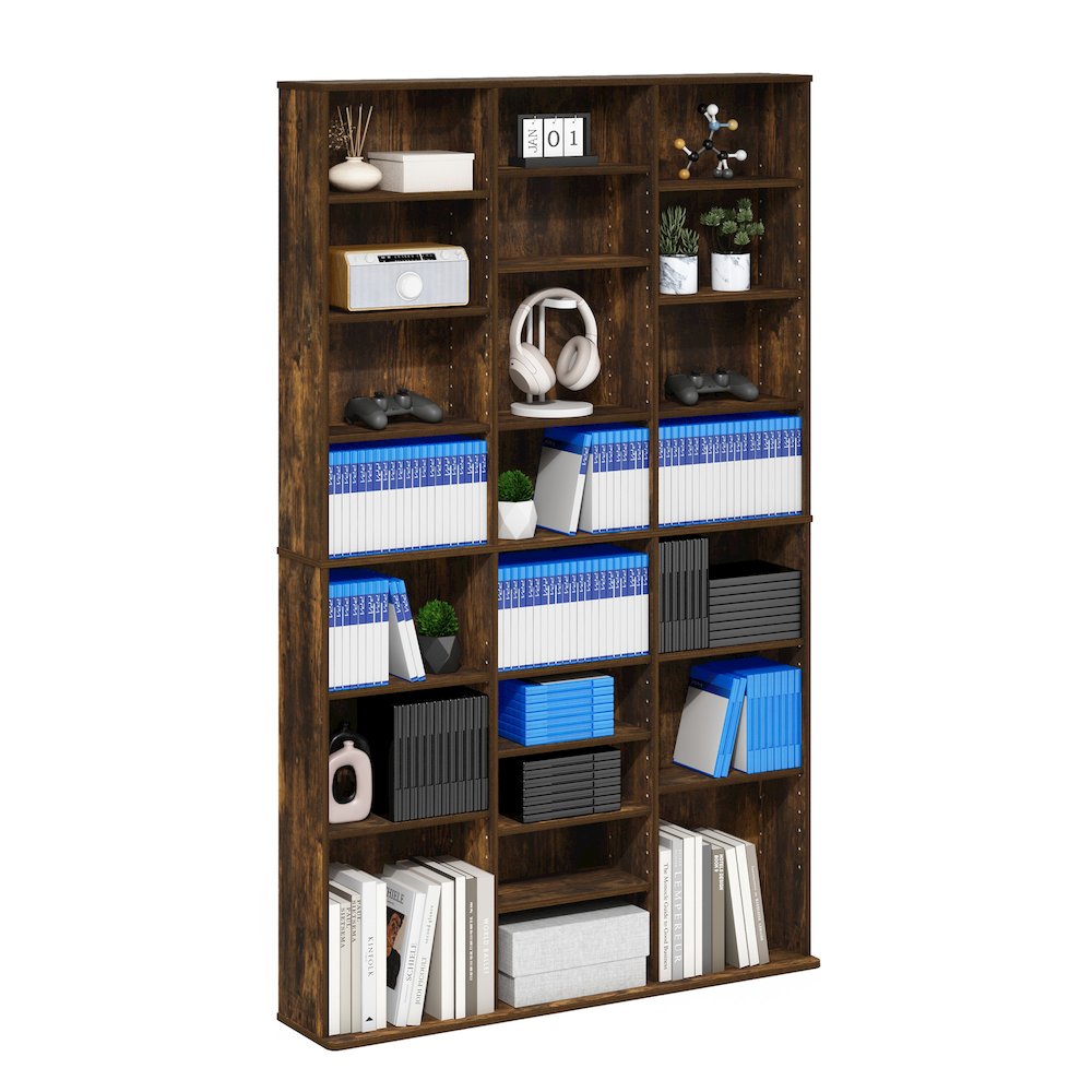 24-Shelf Multimedia Media Storage Tower Rack with Adjustable Shelves, Amber Pine. Picture 4