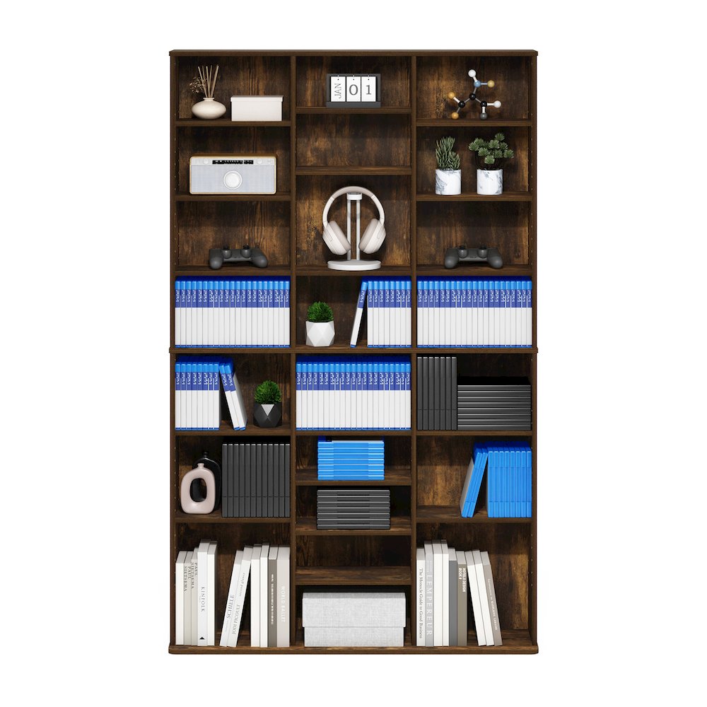 24-Shelf Multimedia Media Storage Tower Rack with Adjustable Shelves, Amber Pine. Picture 5