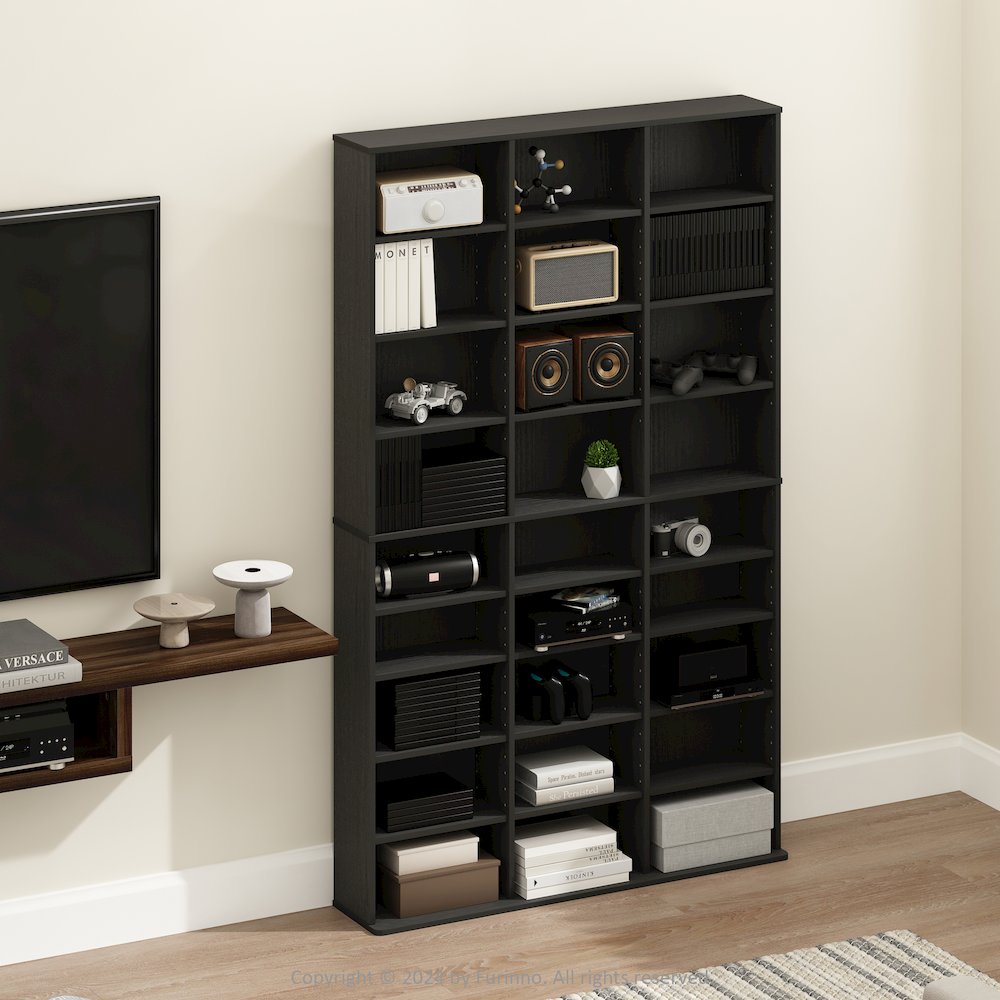 24-Shelf Multimedia Media Storage Tower Rack with Adjustable Shelves, Americano. Picture 6