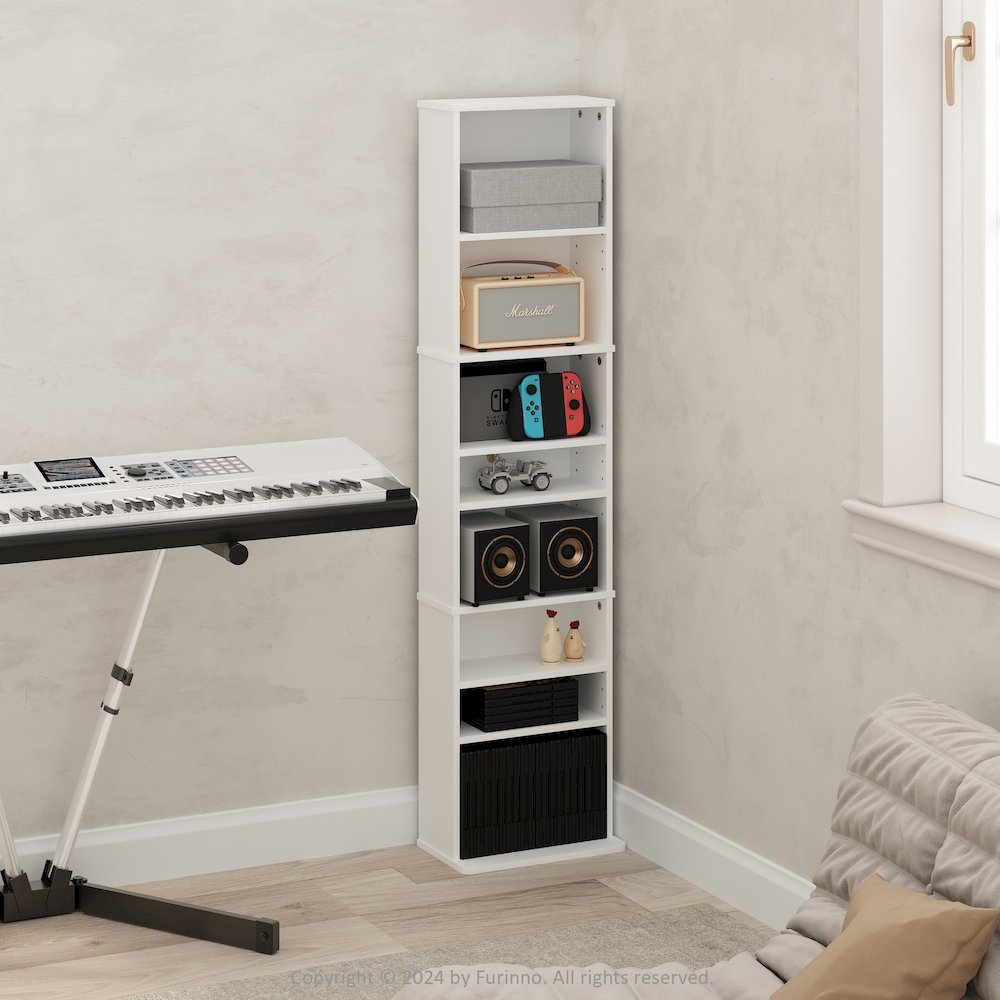 9-Shelf Multimedia Media Storage Tower Rack with Adjustable Shelves, White. Picture 6