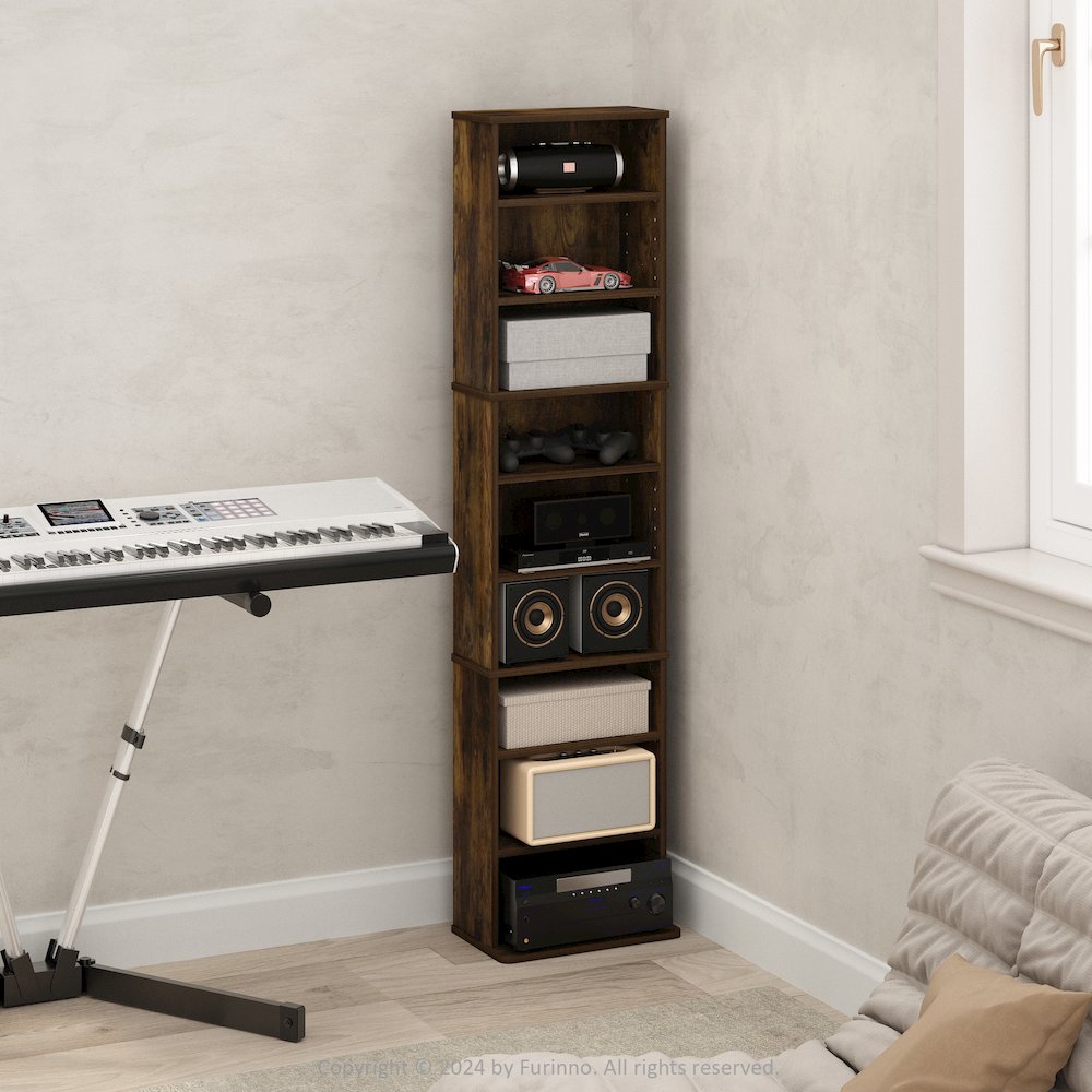 9-Shelf Multimedia Media Storage Tower Rack with Adjustable Shelves, Amber Pine. Picture 6