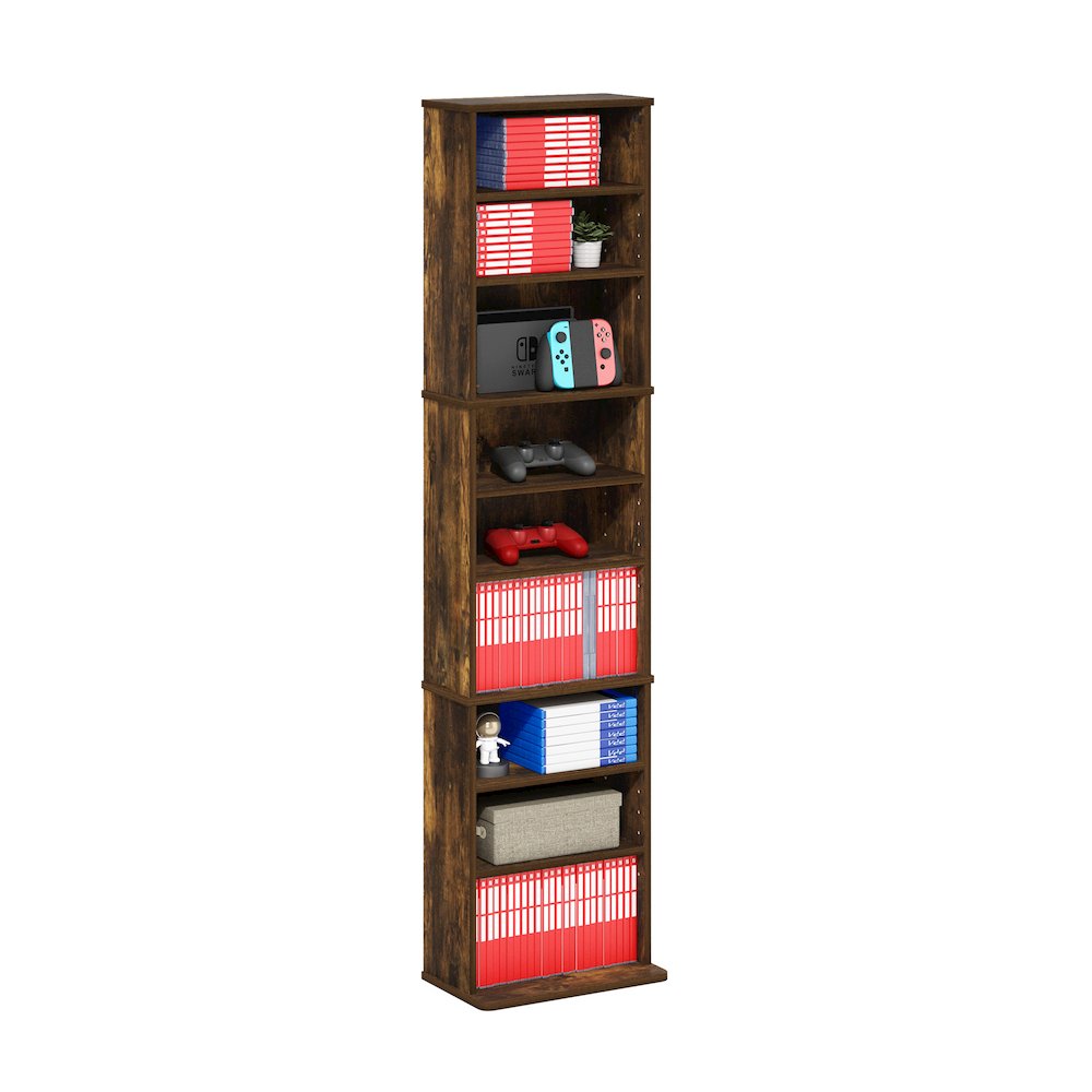 9-Shelf Multimedia Media Storage Tower Rack with Adjustable Shelves, Amber Pine. Picture 4