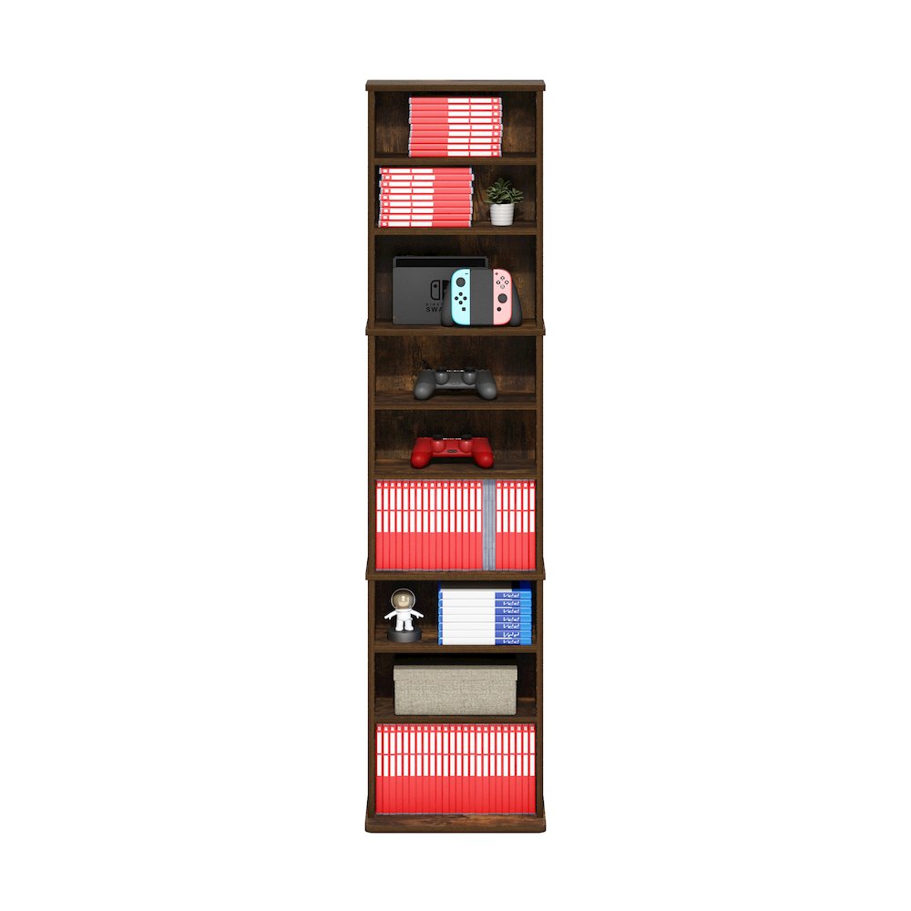 9-Shelf Multimedia Media Storage Tower Rack with Adjustable Shelves, Amber Pine. Picture 5