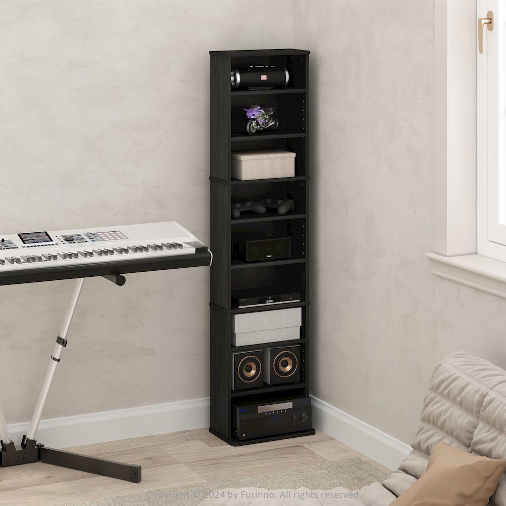 9-Shelf Multimedia Media Storage Tower Rack with Adjustable Shelves, Americano. Picture 6