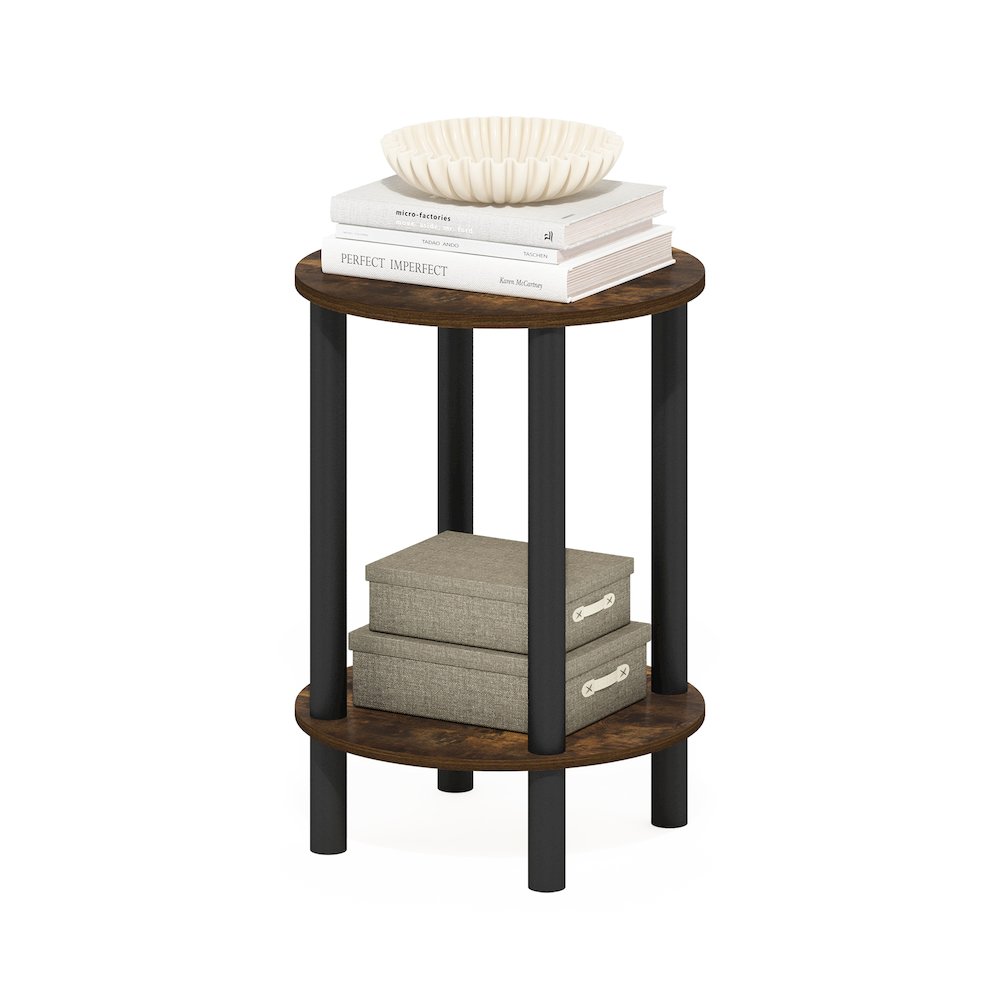 2-Tier Round Wooden End Table, Side Table, Amber Pine/Black. Picture 4