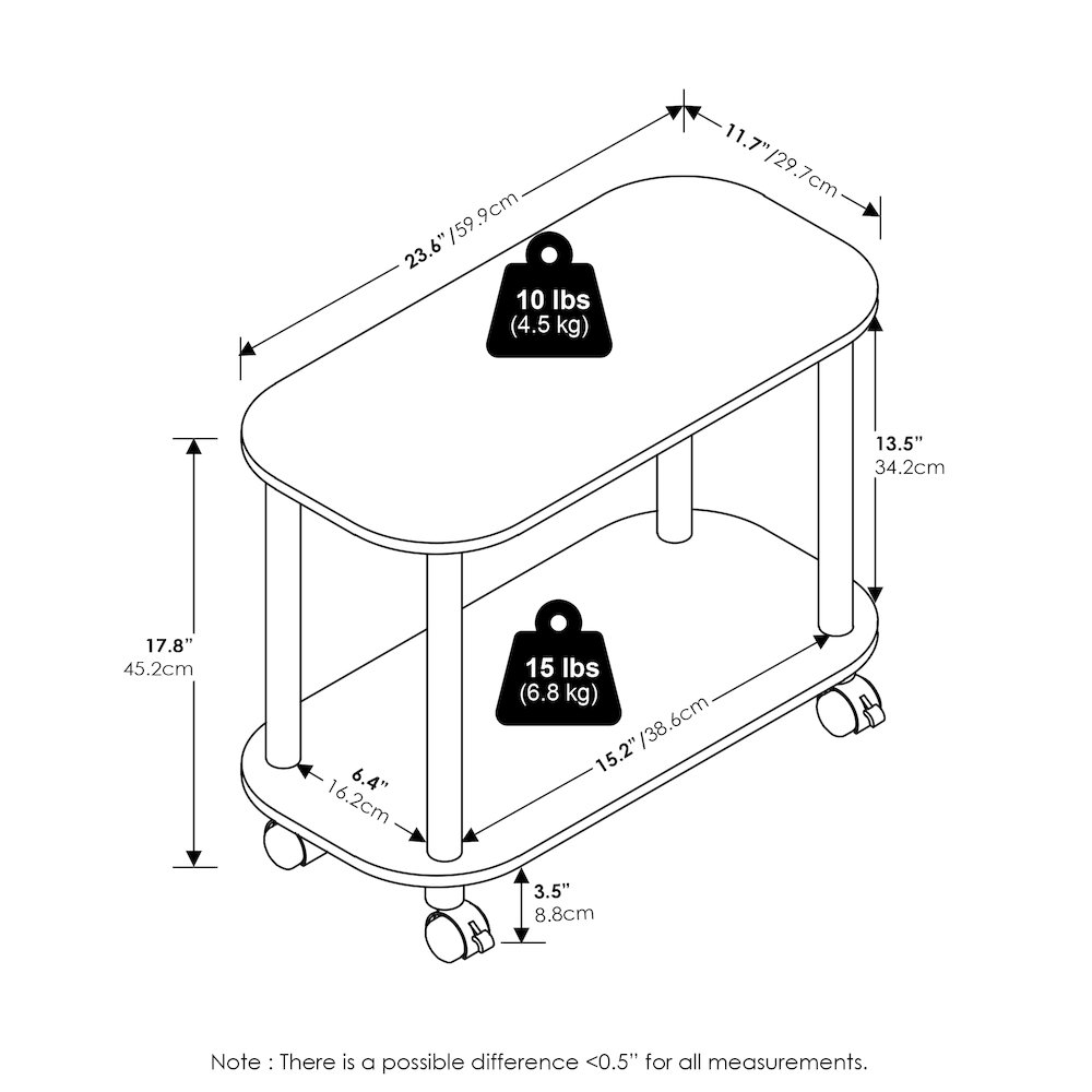 Turn-N-Tube Modern Oval End Table, Side Table with Casters, Amber Pine/Black. Picture 2