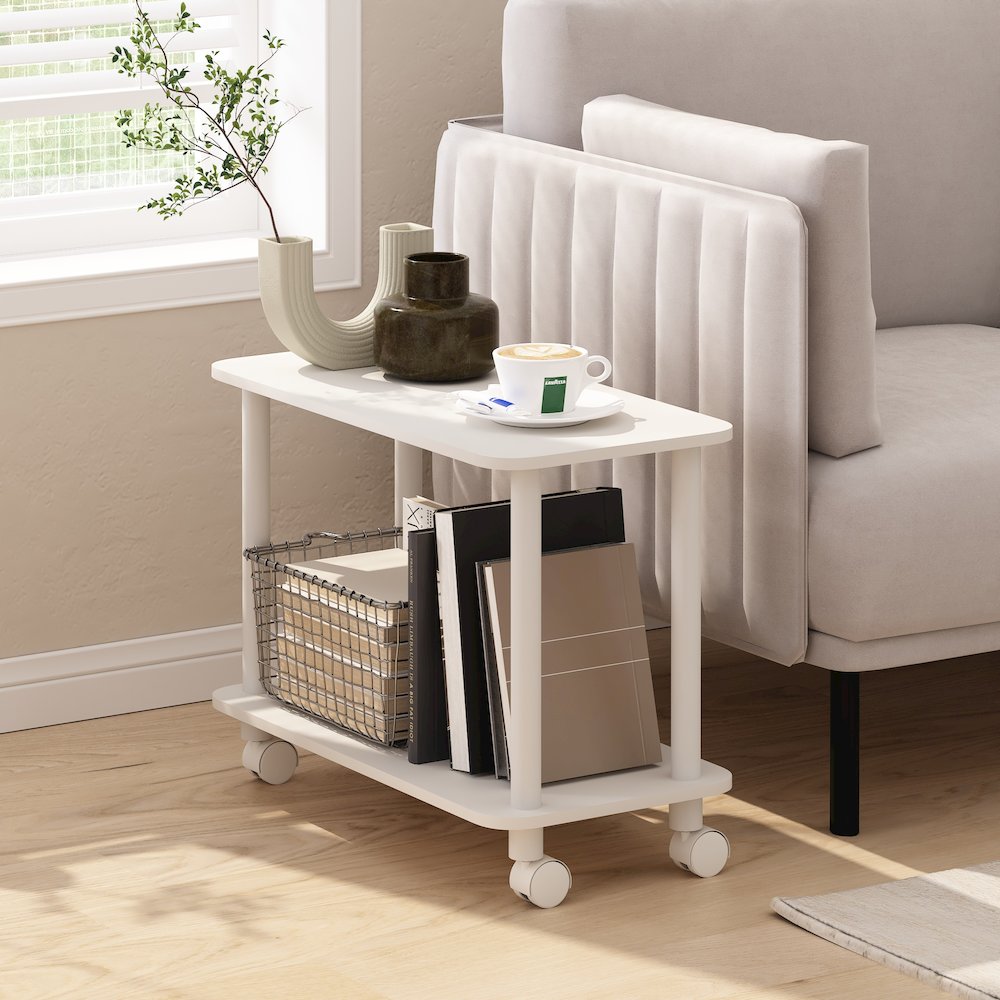 Turn-N-Tube Modern Rectangle End Table, Side Table with Casters, White/White. Picture 2