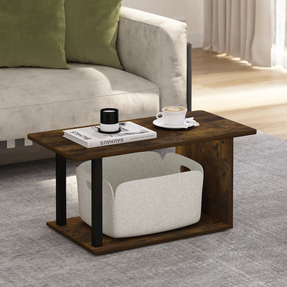 2-Tier Modern Coffee Table with Open Shelf, Amber Oak. Picture 4