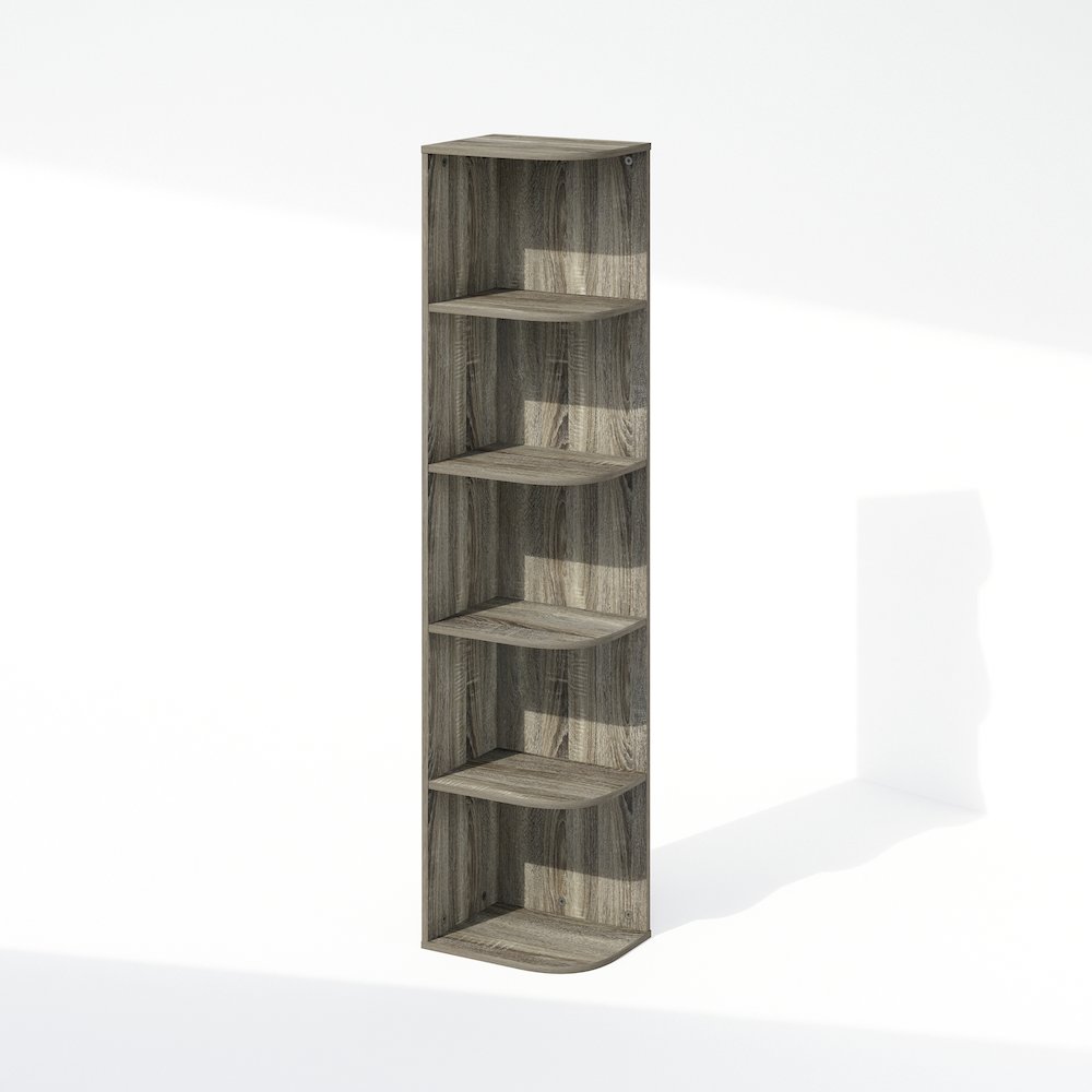 Reed 5-Tier Space Saving Corner Storage Display Shelf, Bookshelf, French Oak. Picture 1