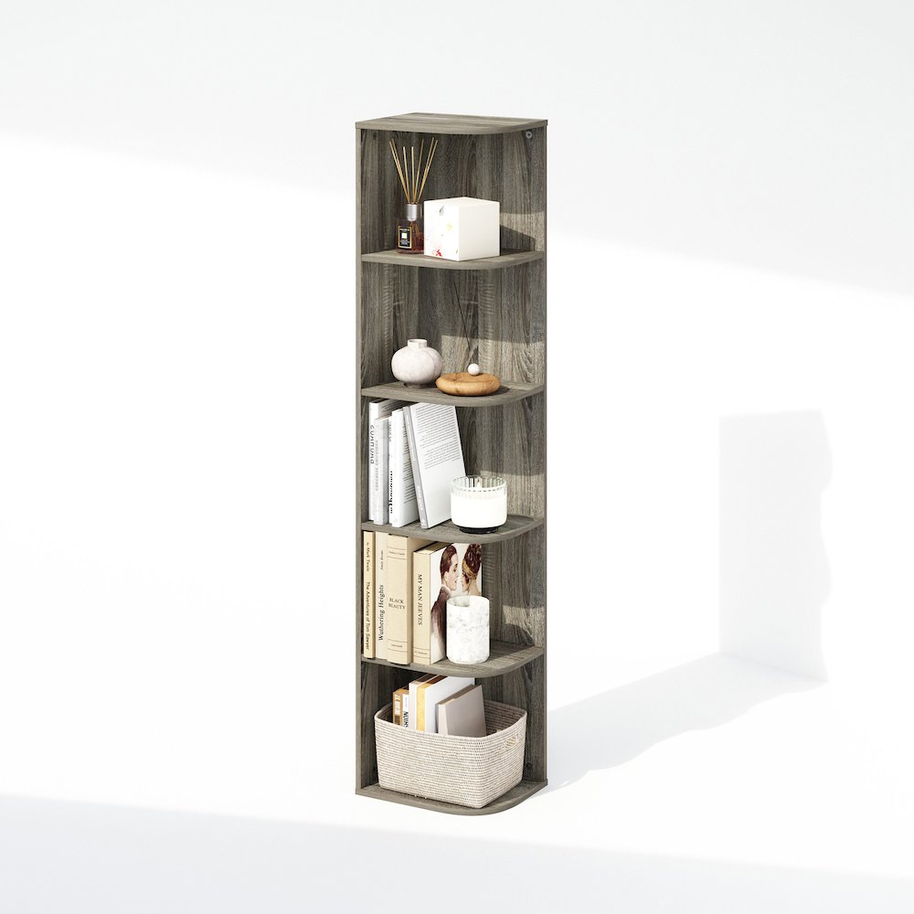 Reed 5-Tier Space Saving Corner Storage Display Shelf, Bookshelf, French Oak. Picture 4