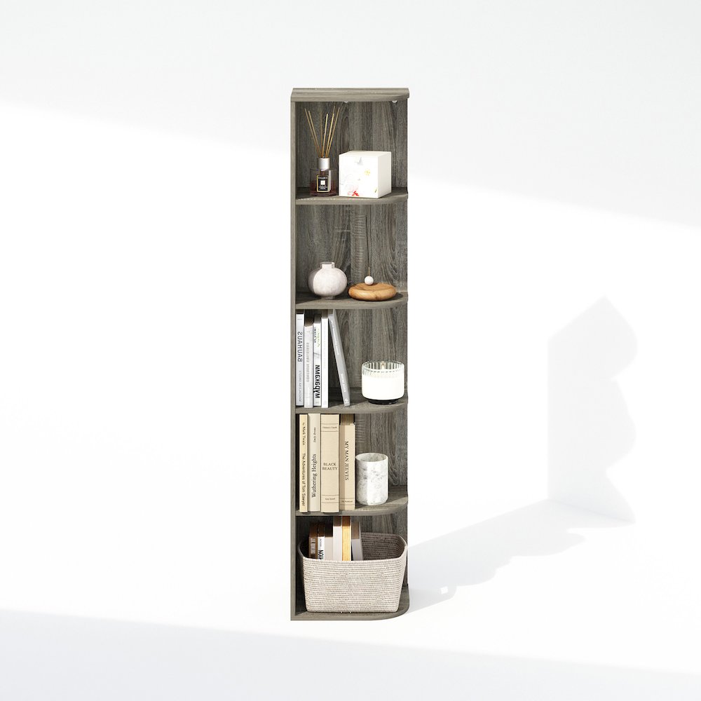 Reed 5-Tier Space Saving Corner Storage Display Shelf, Bookshelf, French Oak. Picture 5