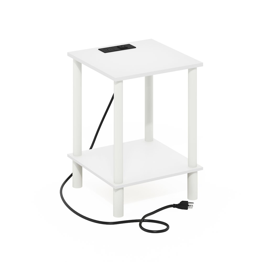 2-Tier Side Table, End Table with USB and Type-C Charging Port, White/White. Picture 1