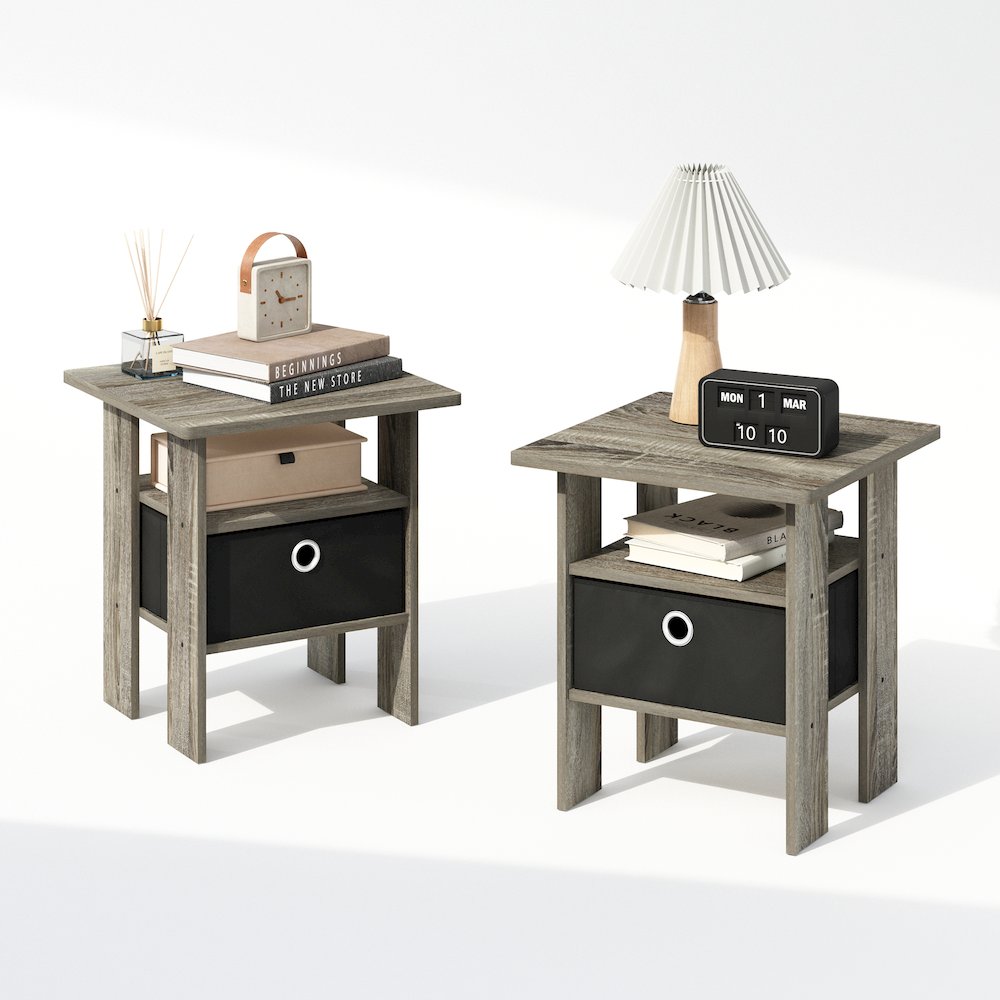 Tidur Bedside Table Nightstand with Bin Drawer, French Oak/Black, Set of 2. Picture 4