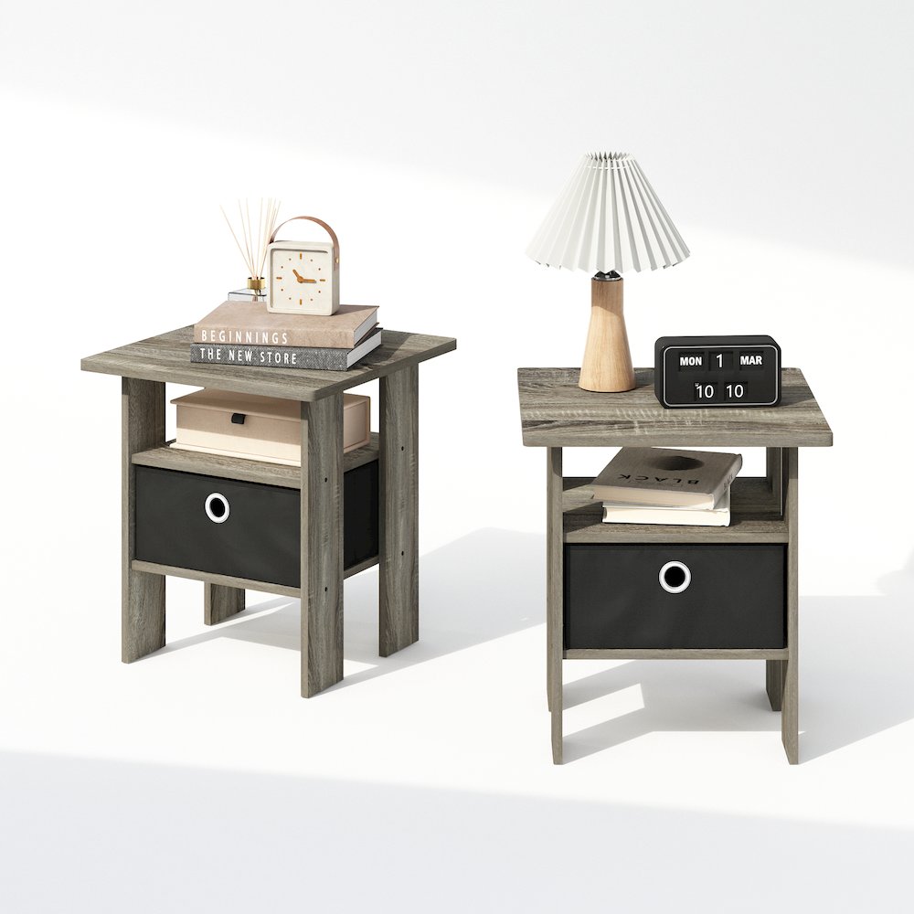 Tidur Bedside Table Nightstand with Bin Drawer, French Oak/Black, Set of 2. Picture 5