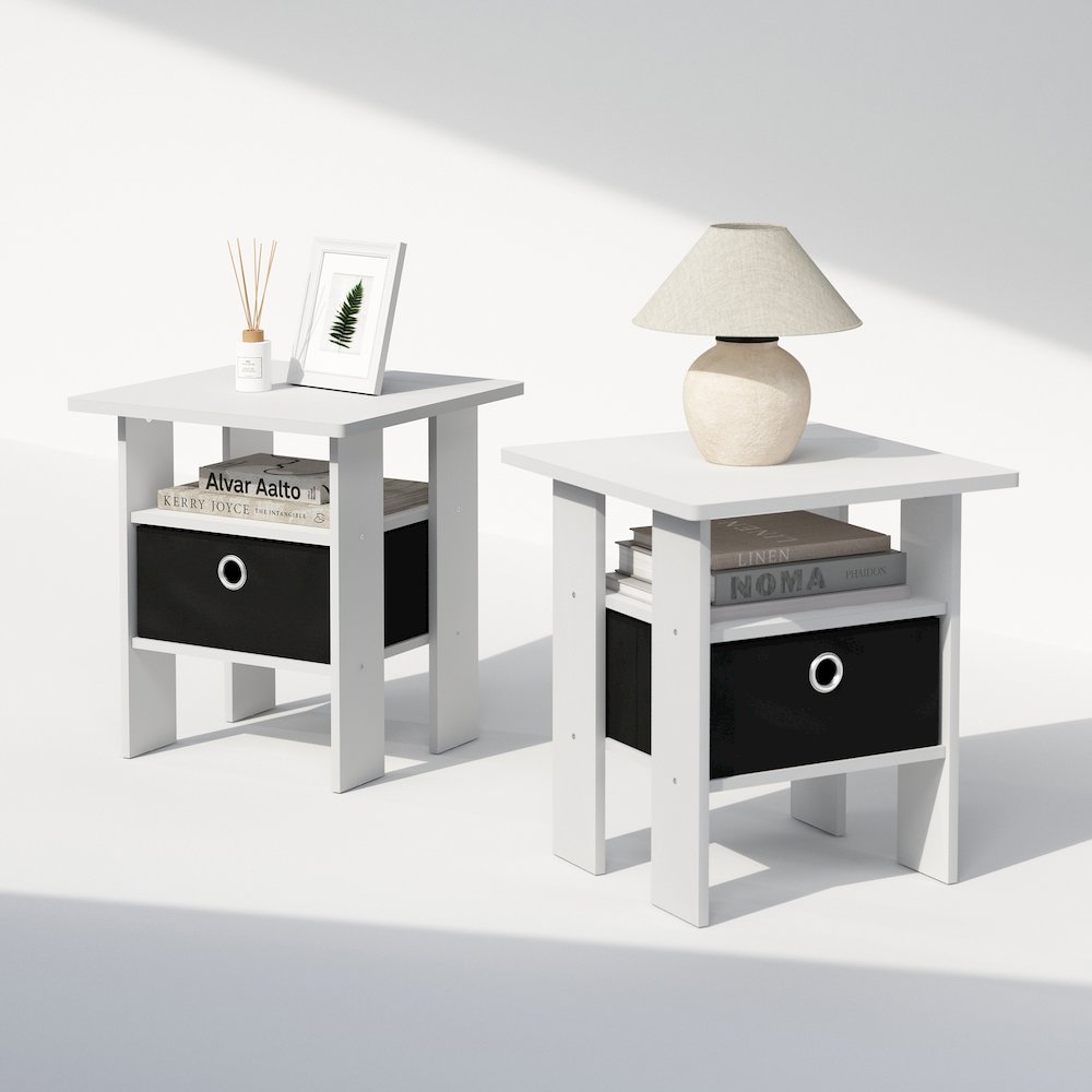 Tidur Bedside Table Nightstand with Bin Drawer, White/Black, Set of 2. Picture 4