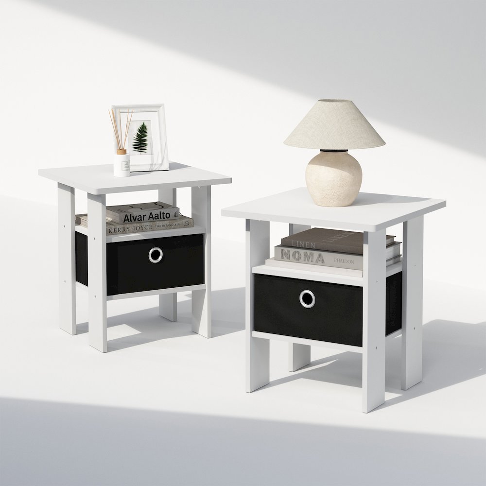Tidur Bedside Table Nightstand with Bin Drawer, White/Black, Set of 2. Picture 5