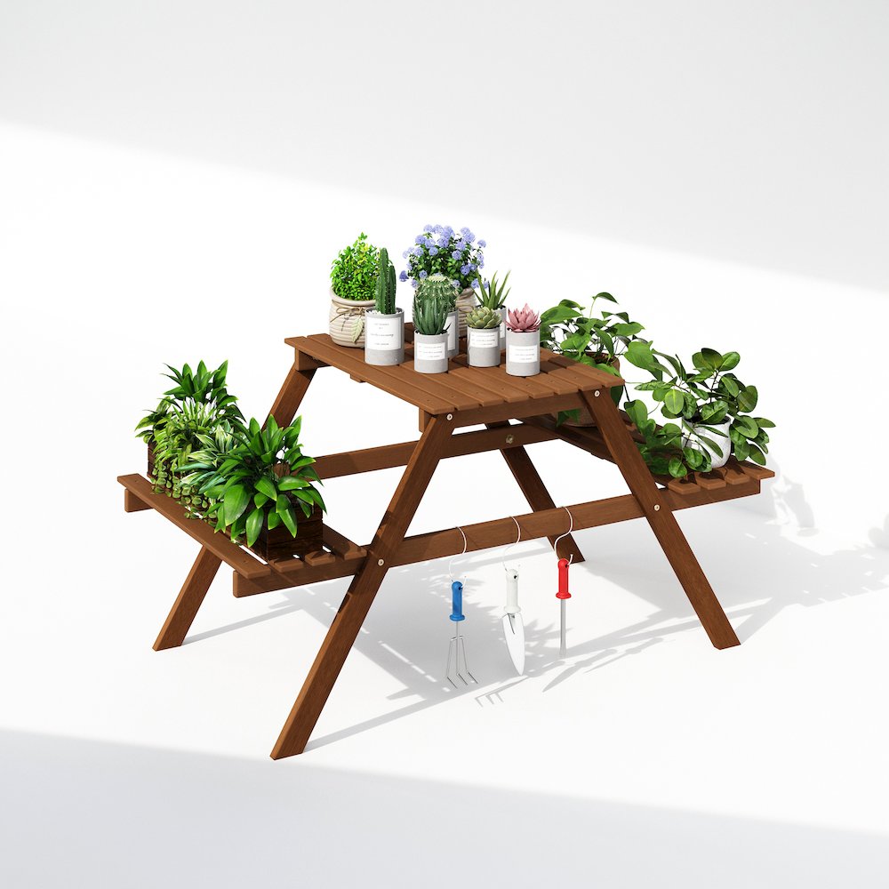 Tioman Outdoor Hardwood 3-Tier Freestanding Plant Stand, Plant Shelf Organizer. Picture 4