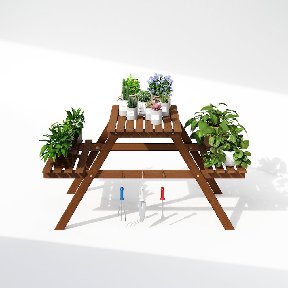 Tioman Outdoor Hardwood 3-Tier Freestanding Plant Stand, Plant Shelf Organizer. Picture 5