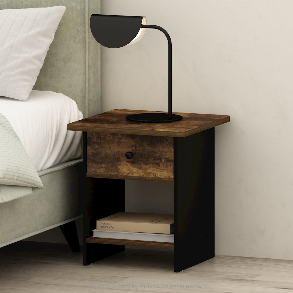 Tidur Nightstand, Bedside Table Storage Shelf with Bin Drawer, Amber Pine/Black. Picture 6