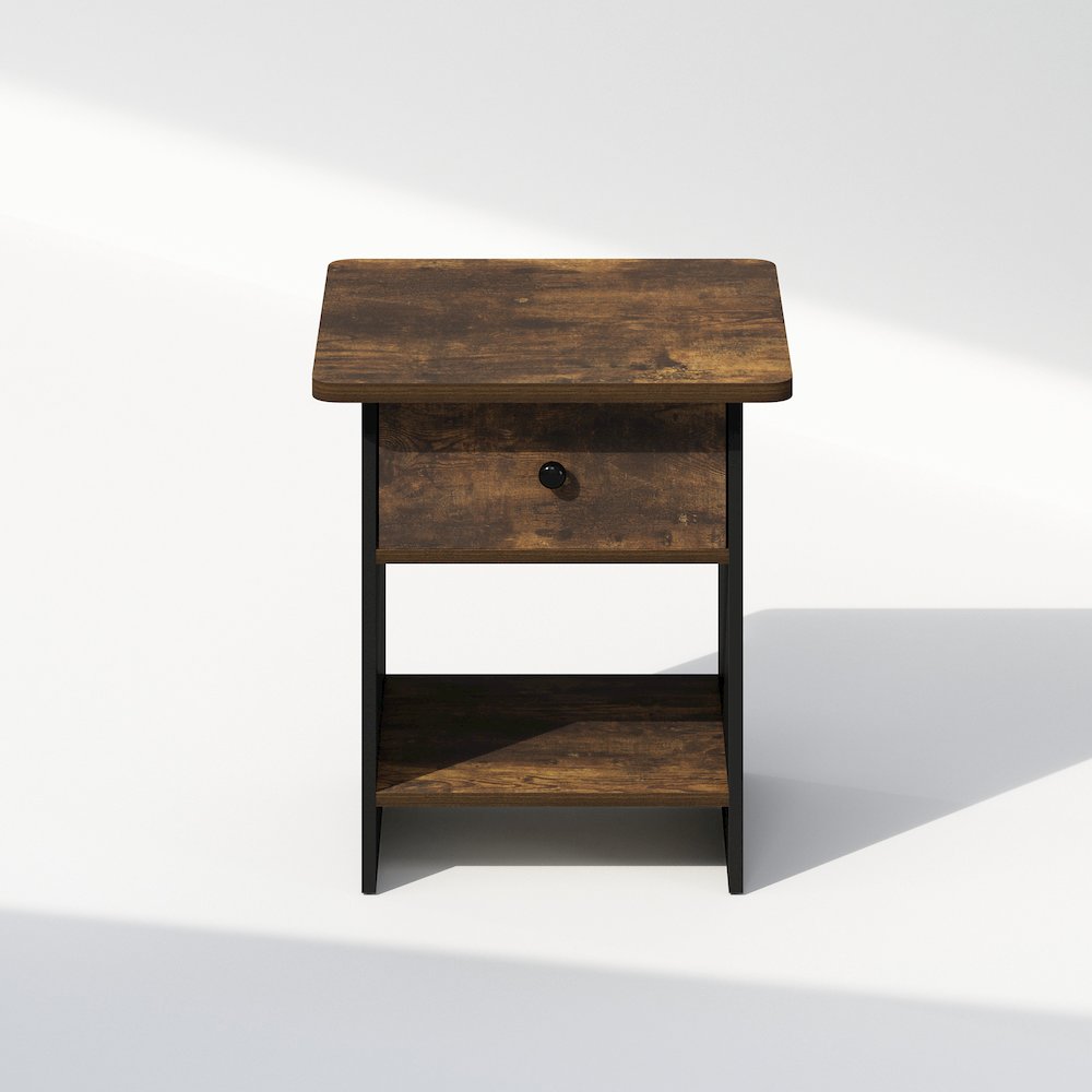 Tidur Nightstand, Bedside Table Storage Shelf with Bin Drawer, Amber Pine/Black. Picture 3