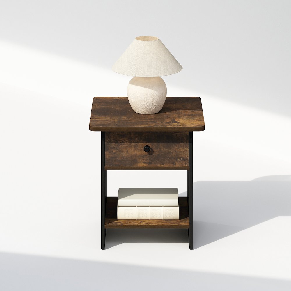 Tidur Nightstand, Bedside Table Storage Shelf with Bin Drawer, Amber Pine/Black. Picture 5