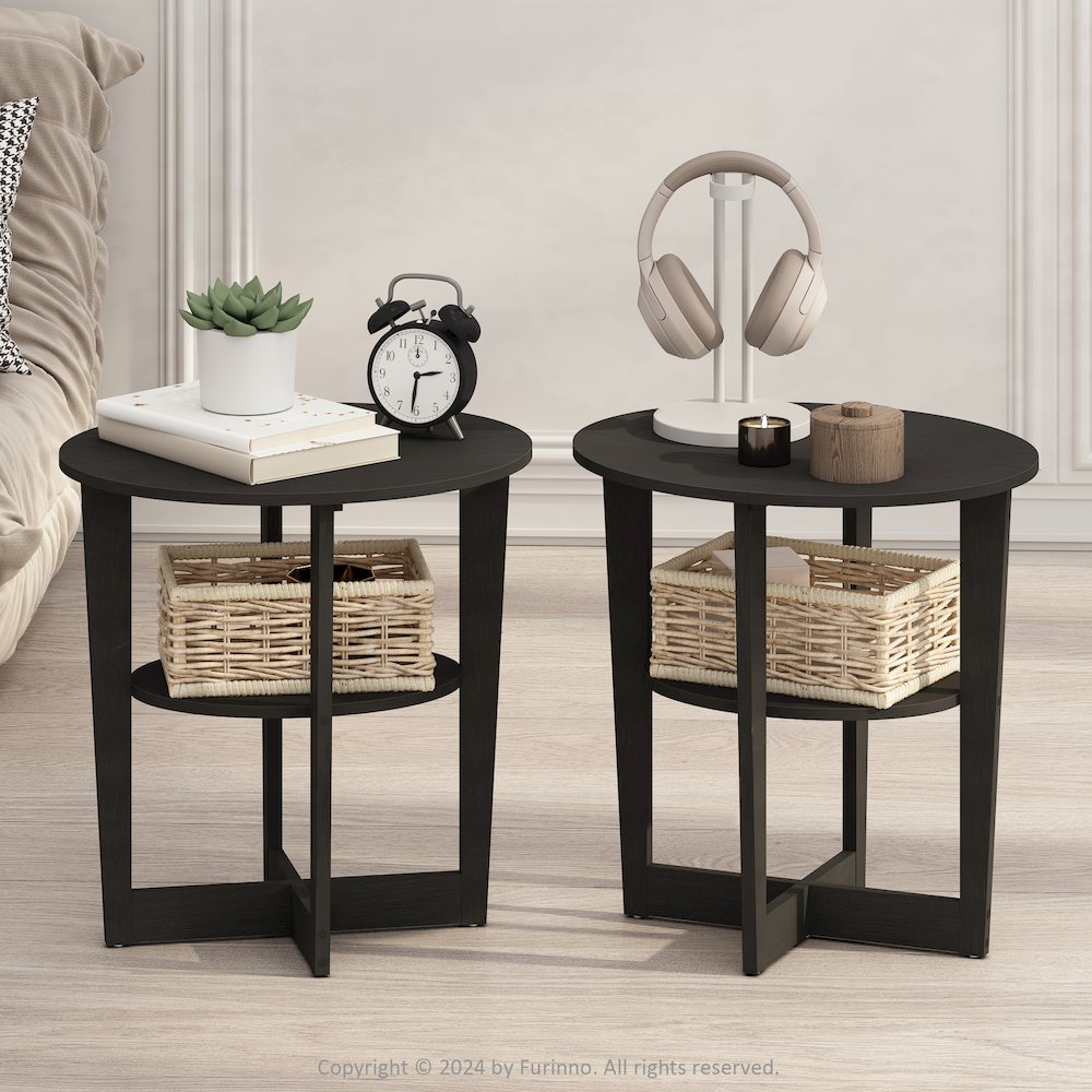 Tidur Oval Nightstand, Bedside Table with Open Shleves, Walnut, Set of 2. Picture 7