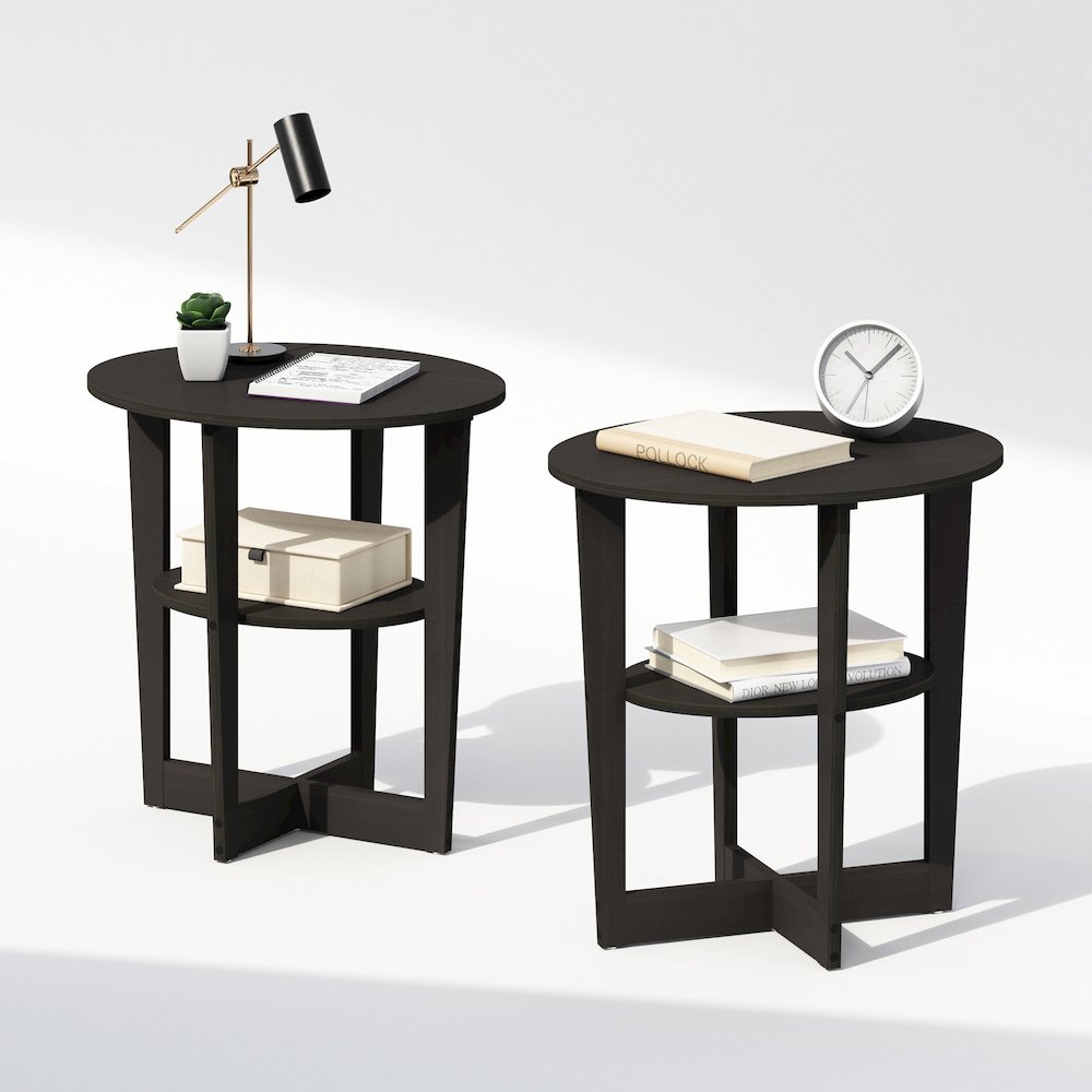 Tidur Oval Nightstand, Bedside Table with Open Shleves, Walnut, Set of 2. Picture 4