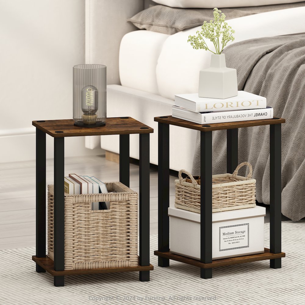 Simplistic Compact Bedside Table, Nightstand, Amber Pine/Black, Set of 2. Picture 7