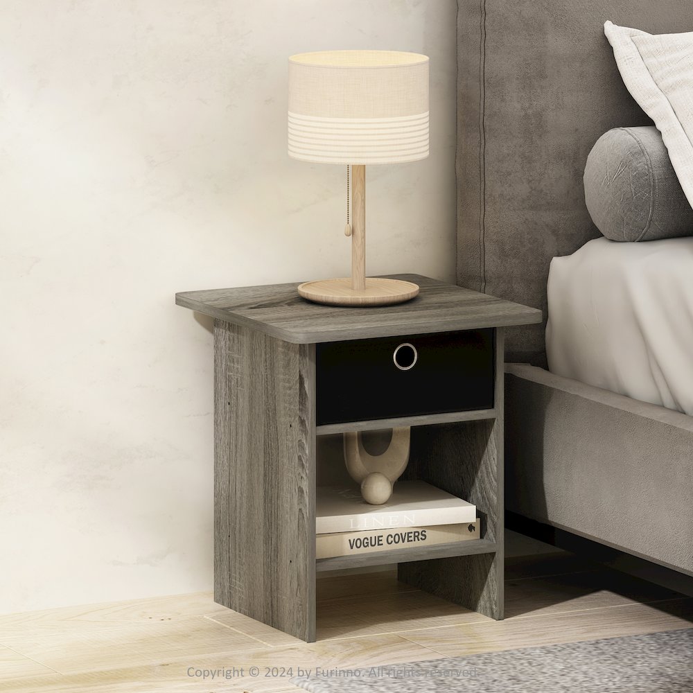 Tidur Nightstand, Bedside Table Storage Shelf with Bin Drawer, French Oak/Black. Picture 6