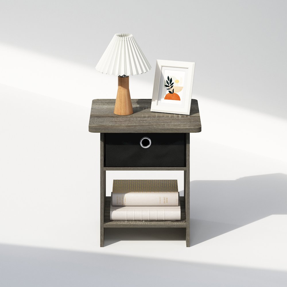 Tidur Nightstand, Bedside Table Storage Shelf with Bin Drawer, French Oak/Black. Picture 5