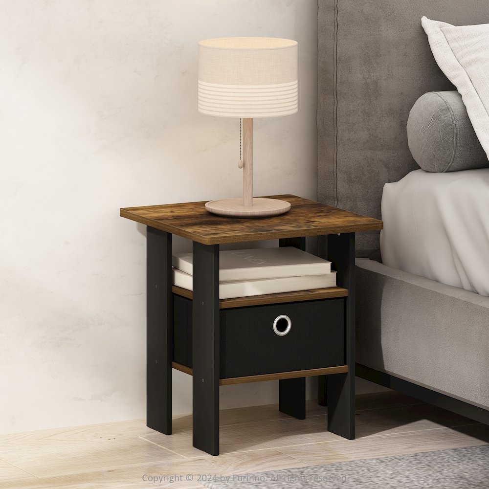 Tidur Bedside Table Nightstand with Bin Drawer, Amber Pine/Black. Picture 6
