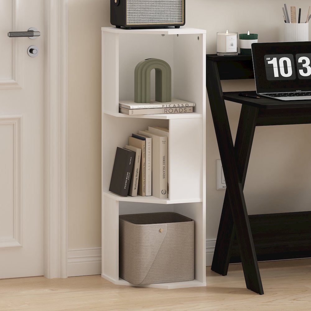ECON Corner Bookshelf, 3 Tier Corner Shelf, Bookcase, Book Shelf, Plain White. Picture 4