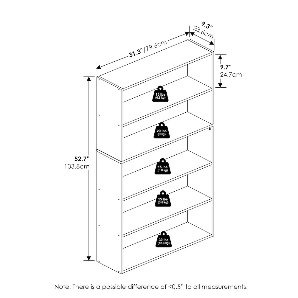 Pasir 5-Tier Open Shelf Bookcase, Bookshelf, 31.5 Inch Wide, Amber Pine. Picture 3