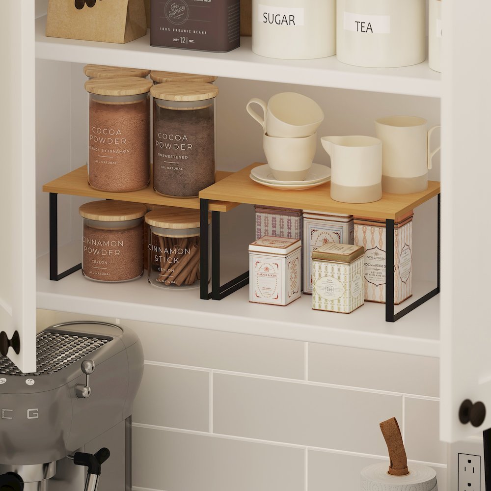 Stackable Kitchen Counter Shelves, Set of 2, Beech/Black. Picture 2