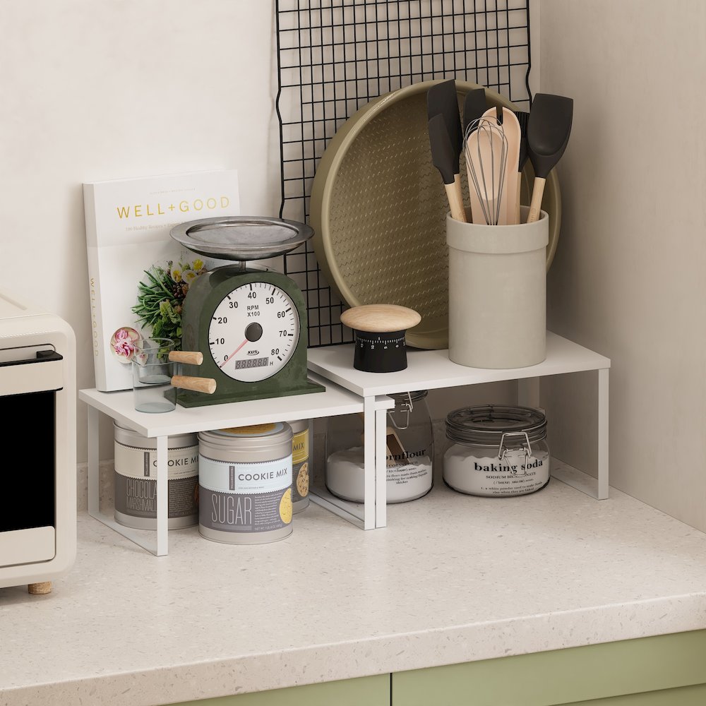 Stackable Kitchen Counter Shelves, Set of 2, White/White. Picture 2