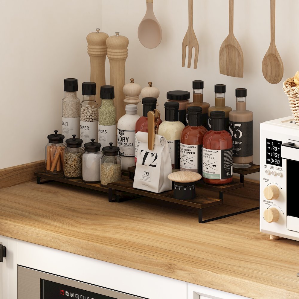 Nestable Kitchen Counter Spice Rack Organizer, Set of 2, Amber Pine/Black. Picture 2