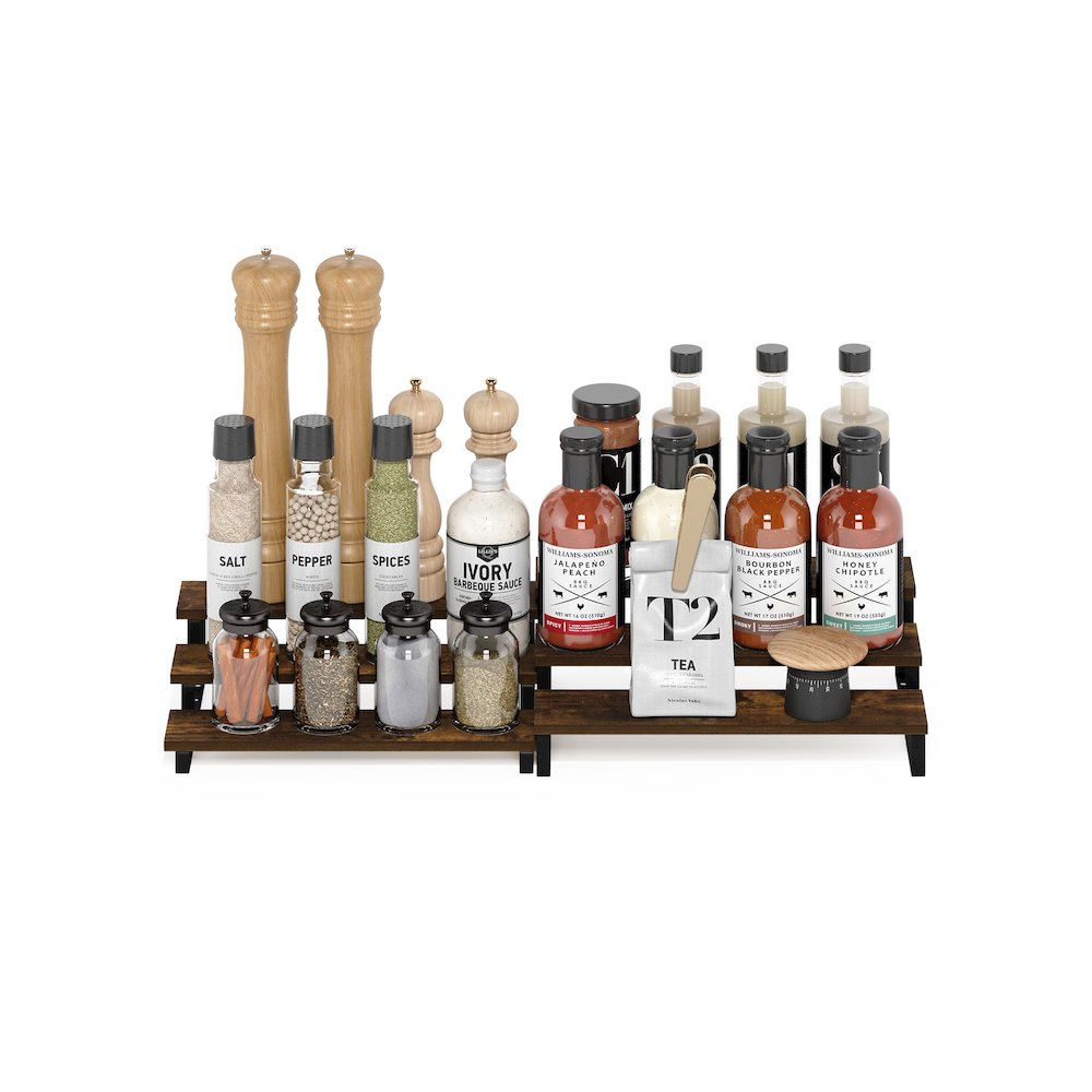 Nestable Kitchen Counter Spice Rack Organizer, Set of 2, Amber Pine/Black. Picture 6