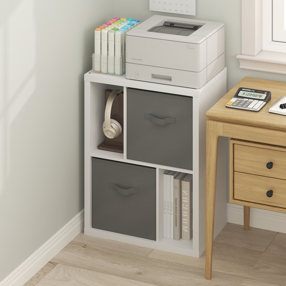 Viola Standing Storage Shelf with Two Storage Bins, White/Light Grey. Picture 2