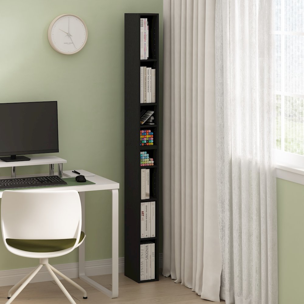 Fulda 8-Tier Space Saving Storage Shelf Bookcase, 6-Inch Width, Blackwood. Picture 2