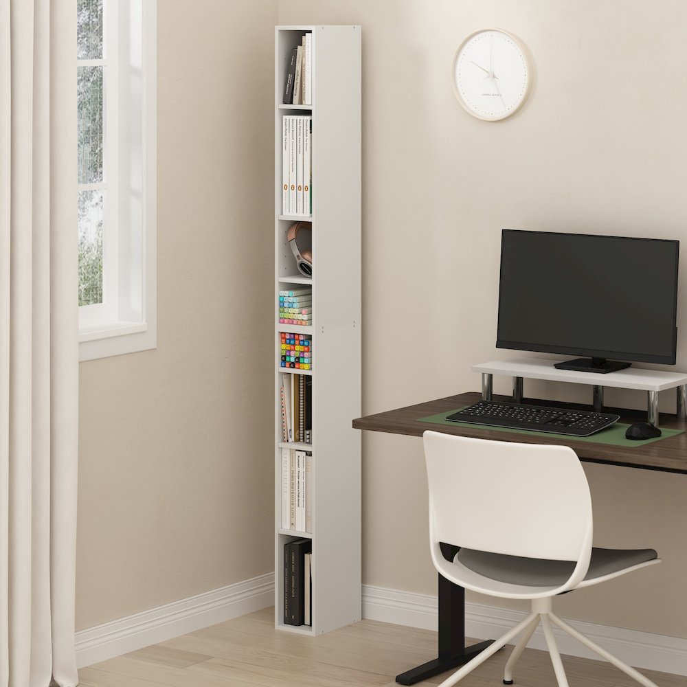 Fulda 8-Tier Space Saving Storage Shelf Bookcase, 6-Inch Width, White. Picture 2