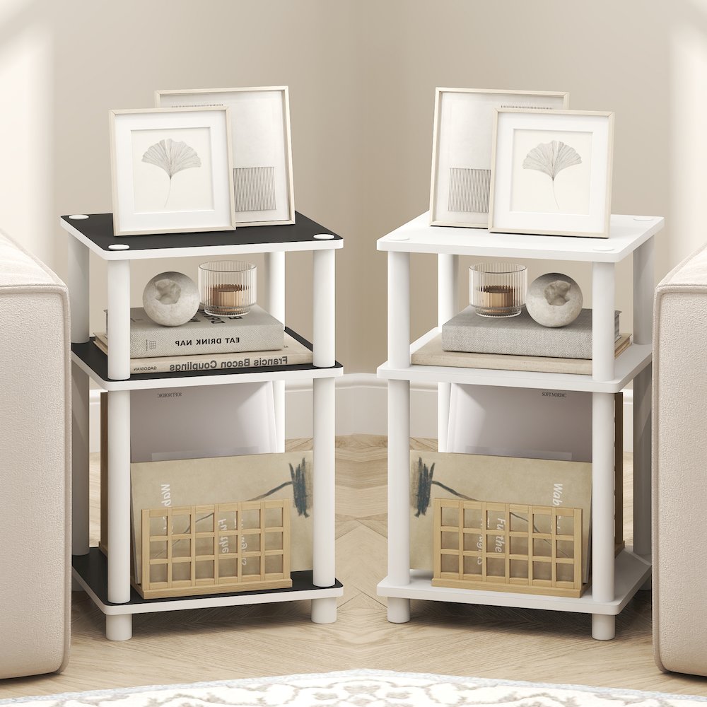 Side Table, 3-Tier End Table, Night Stand, Bedside Table, White/Black Espresso. Picture 5