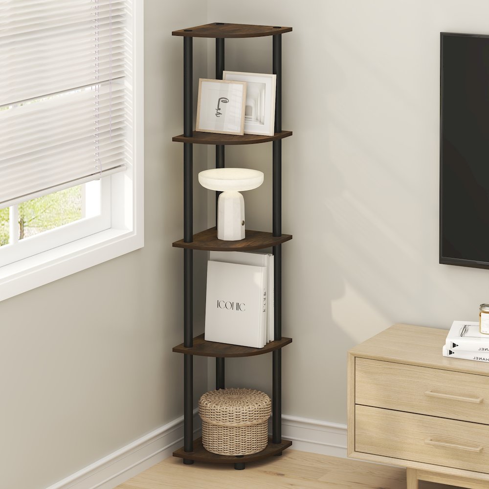 5 Tier Corner Shelf, Corner Bookshelf, Display Shelf Amber Oak. Picture 5