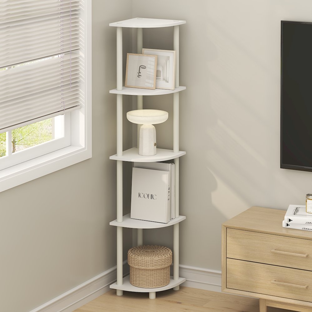 5 Tier Corner Shelf, Corner Bookshelf, Display Shelf Plain White. Picture 5