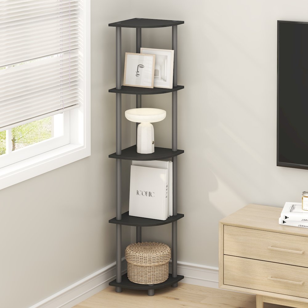 5 Tier Corner Shelf, Corner Bookshelf, Display Shelf Plain Black. Picture 5
