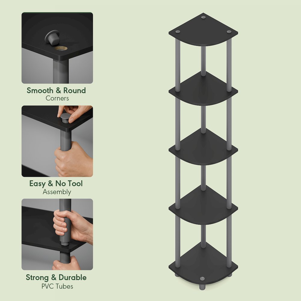 5 Tier Corner Shelf, Corner Bookshelf, Display Shelf Plain Black. Picture 7
