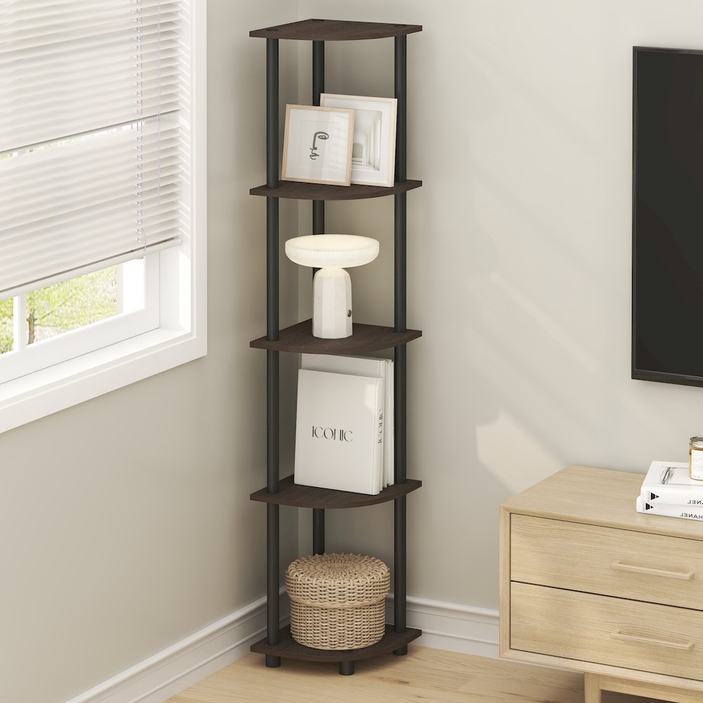 5 Tier Corner Shelf, Corner Bookshelf, Display Shelf Brown Grain. Picture 5