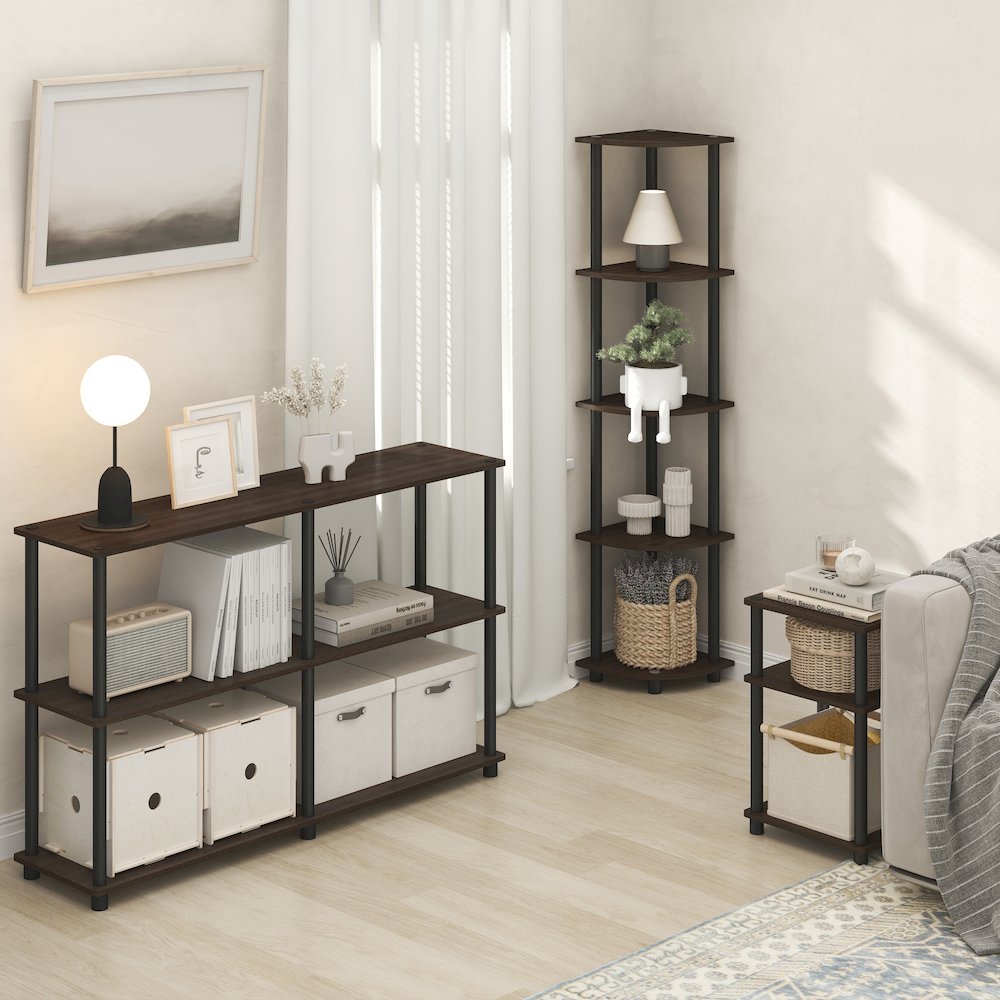 5 Tier Corner Shelf, Corner Bookshelf, Display Shelf Brown Grain. Picture 6