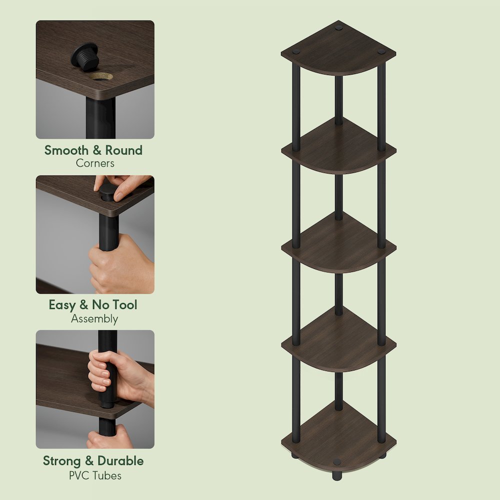 5 Tier Corner Shelf, Corner Bookshelf, Display Shelf Brown Grain. Picture 7