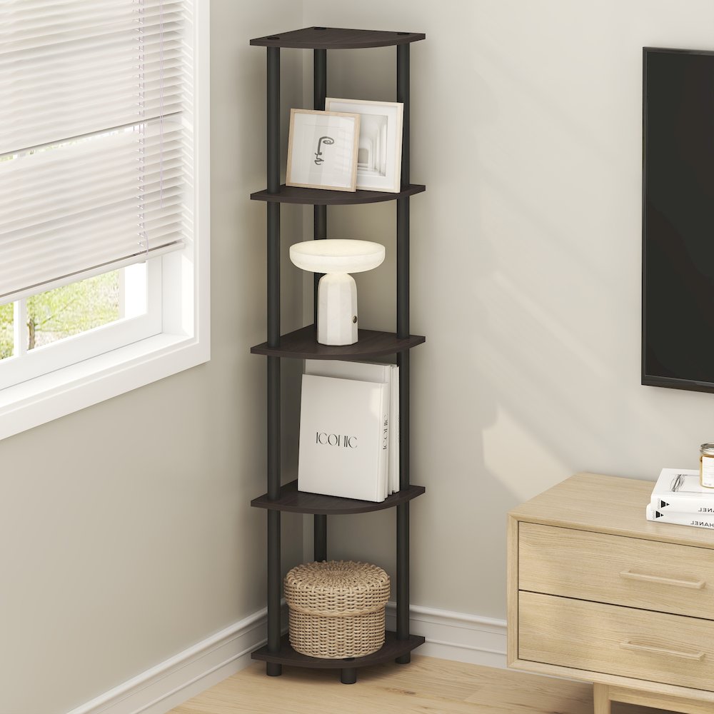 5 Tier Corner Shelf, Corner Bookshelf, Display Shelf Dark Mocha. Picture 5